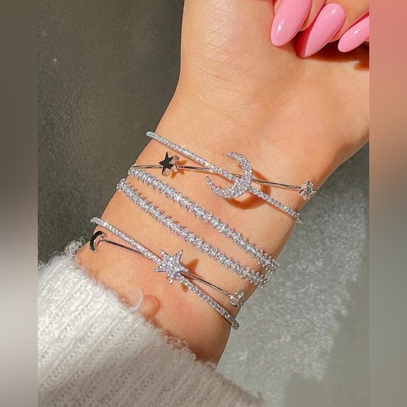 Silver Rhinestone Crescent Moon Open Cuff Bracelet - Picture 3 of 3